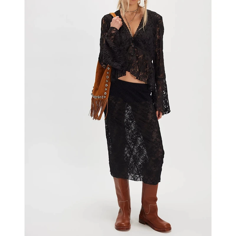 Women's Floral Lace See Through Blouse Boho Sheer Long Bell Sleeve Ruffle Poncho Tops Sexy Sheer Flowy Frilly Hem Shawl Shirts