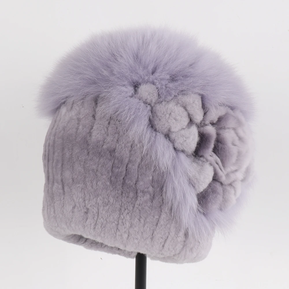 

New Winter Women Outdoor Knitted Real Rex Rabbit Fur Hat Lady Luxury Natural Fox Fur Bomber Hats Warm Quality Rex Rabbit Fur Cap