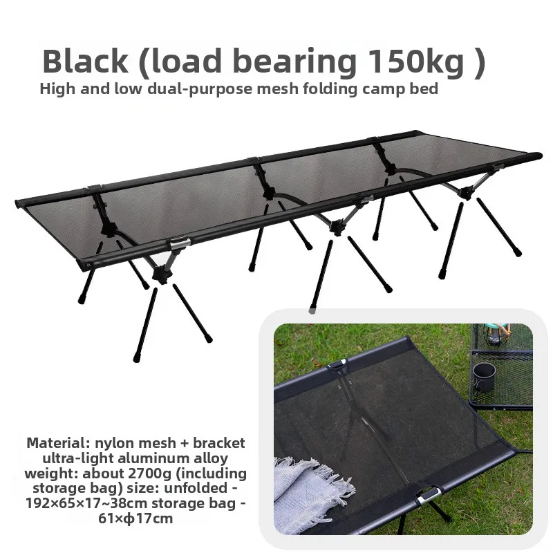 Tragbares Klappbares Campingbett Erhöhtes Einzelbett für Outdoor-Camping Angeln Reisen Nickerchen Aluminiumlegierungsrahmen 150kg Tragkraft