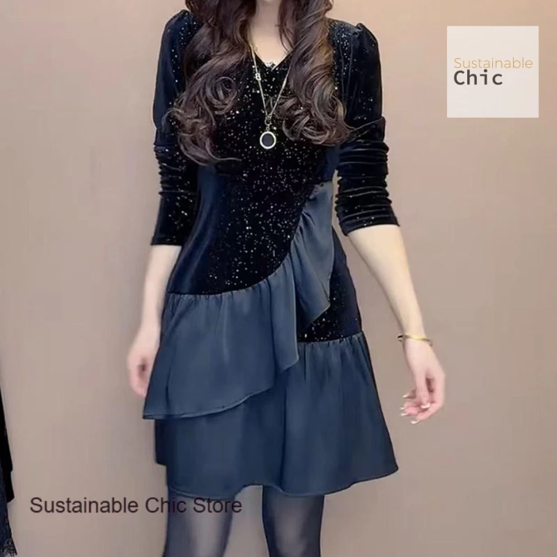 

French style fashion stitching contrast temperament dress women's spring and autumn new fashion slim fake two-piece skirt.