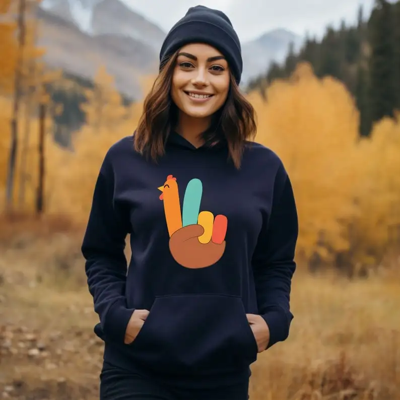 Autumn New in Hoodies & Sweatshirts Peace Sign Turkey Hoodie Happy Thanksgiving Fall Tops Women Men Cute Turkey Sweatshirt Gift