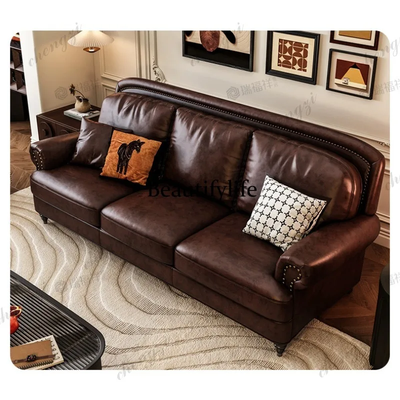 D183 American retro leather sofa straight row antique living room pull button first layer cowhide sofa combination villa