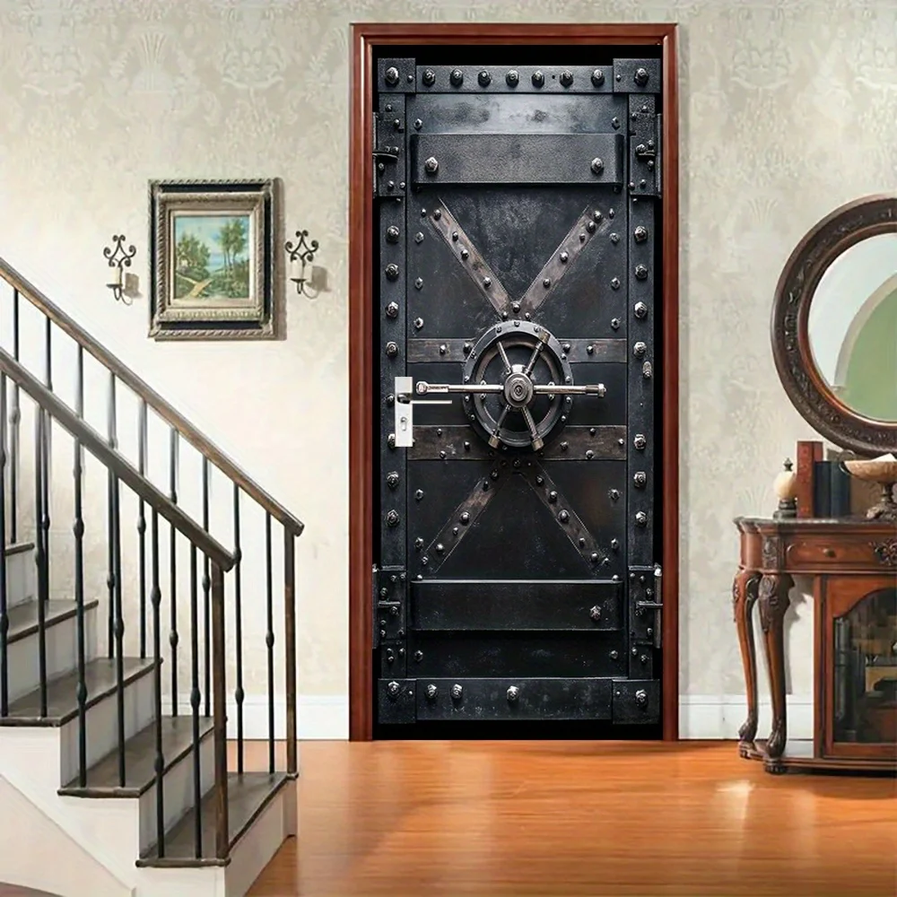 1 Industrial Safe Door Sticker - Self-Adhesive Metal Art Sticker with Locking Mechanism Design, Suitable for Bedroom, Living Roo