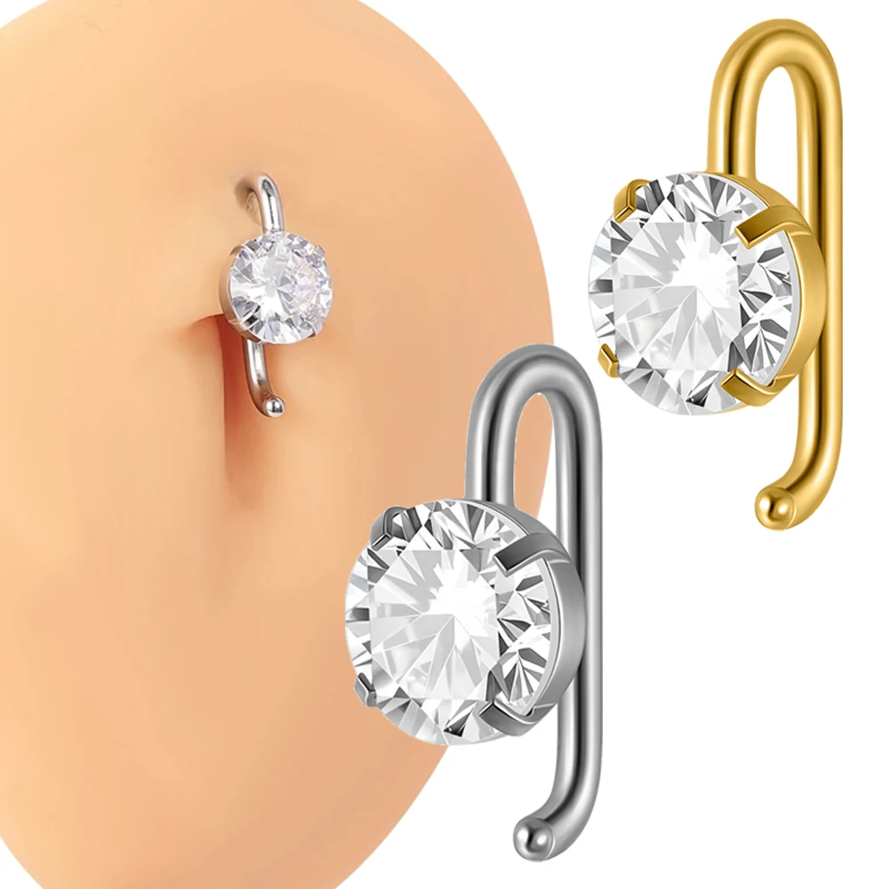 1PC Stainless Steel Round CZ Crystal Belly Button Ring 14G Reverse Navel Piercing Hook Ombligo Piercings Jewelry