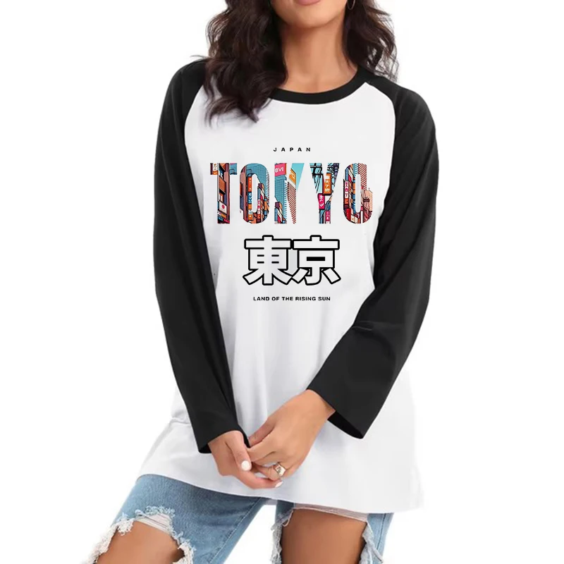 Women's O-Neck Long Sleeve Tshirt All Seasons Graphic Vintage T-Shirt Streetwear Today Tomorrow Tokyo Flower Print T Shirt Femme