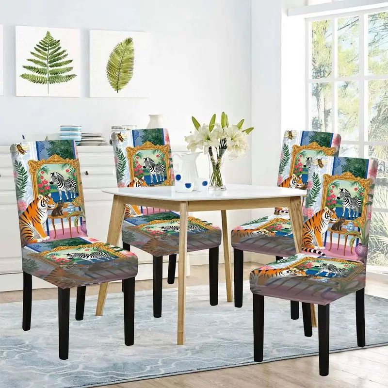 

Чехол для обеденного стула с плоским принтом, красочный, с рисунком тигра и кошки, многоразовый, моющийся, защитный чехол для домашнего обеденного стула