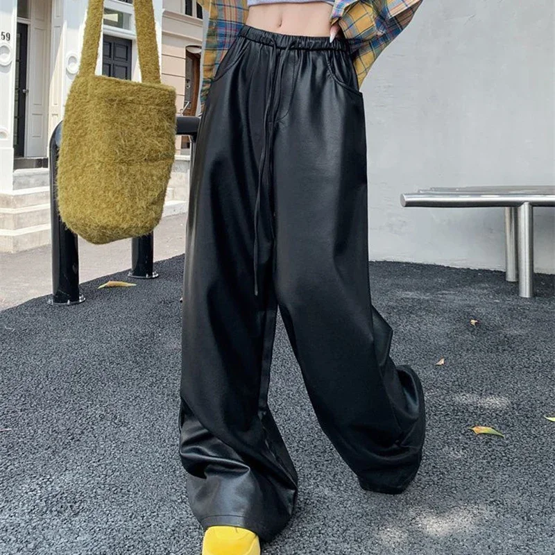 black PU leather casual pants women's autumn and winter high waist slimming straight leg  loose wide leg floor pants
