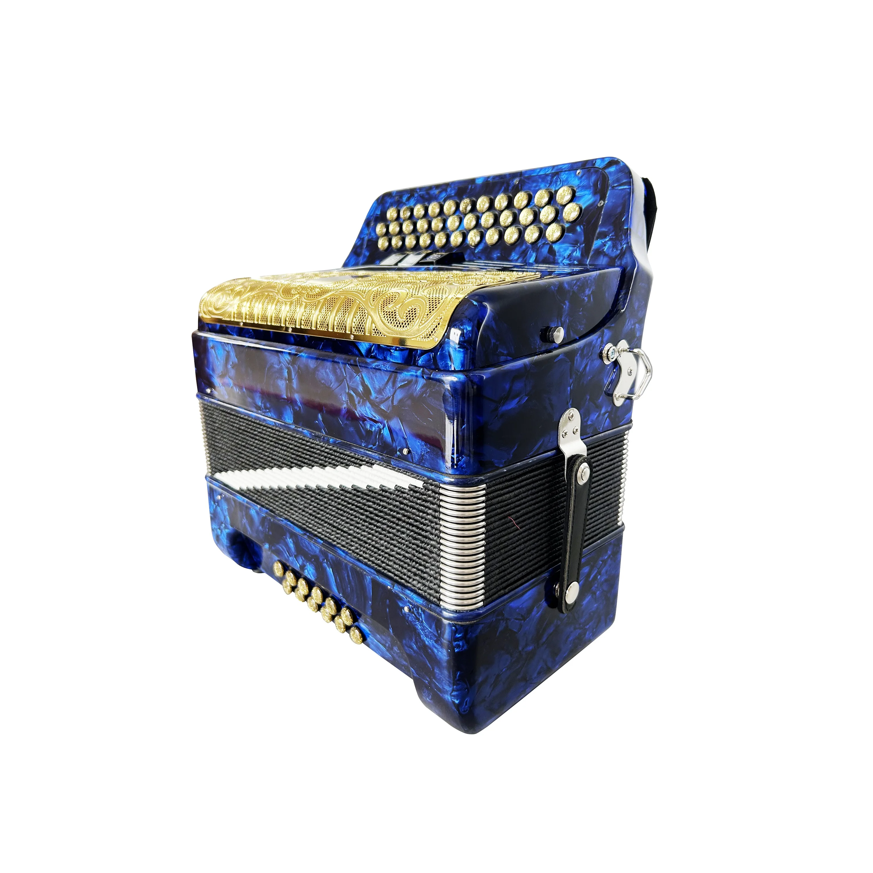 Professional 34-Button 12-Bass 3-Register Blue Celluloid Gold Grill Accordion JB3412C With Gold Buttons
