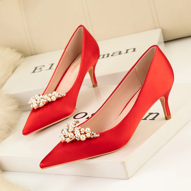 BIGTREE Wedding Bridal High Heels Concise Solid Silk Shallow Crystal Buckle Pointed Toe Women Pumps Super High Heels 6cm