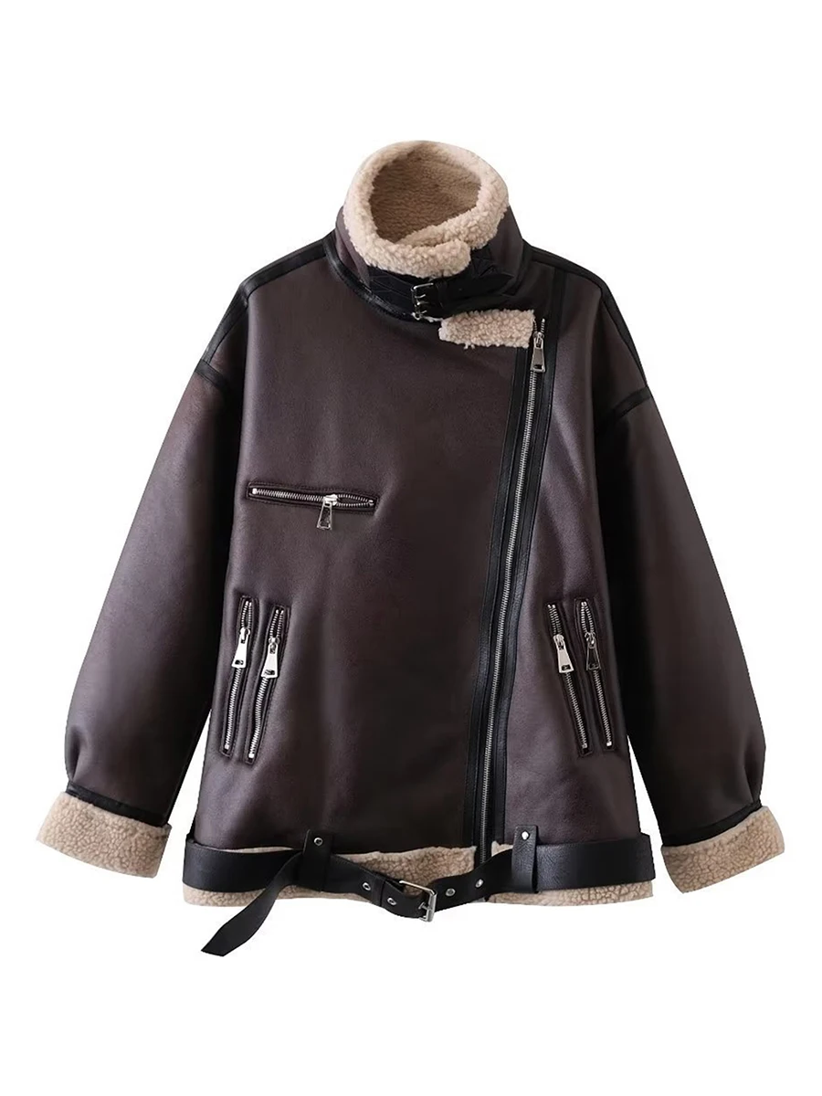 

Women PU Leather Coat with Faux Lamb Lapel Collar Fleece Lining Long Sleeve Zipper Jacket Outwear with Pockets