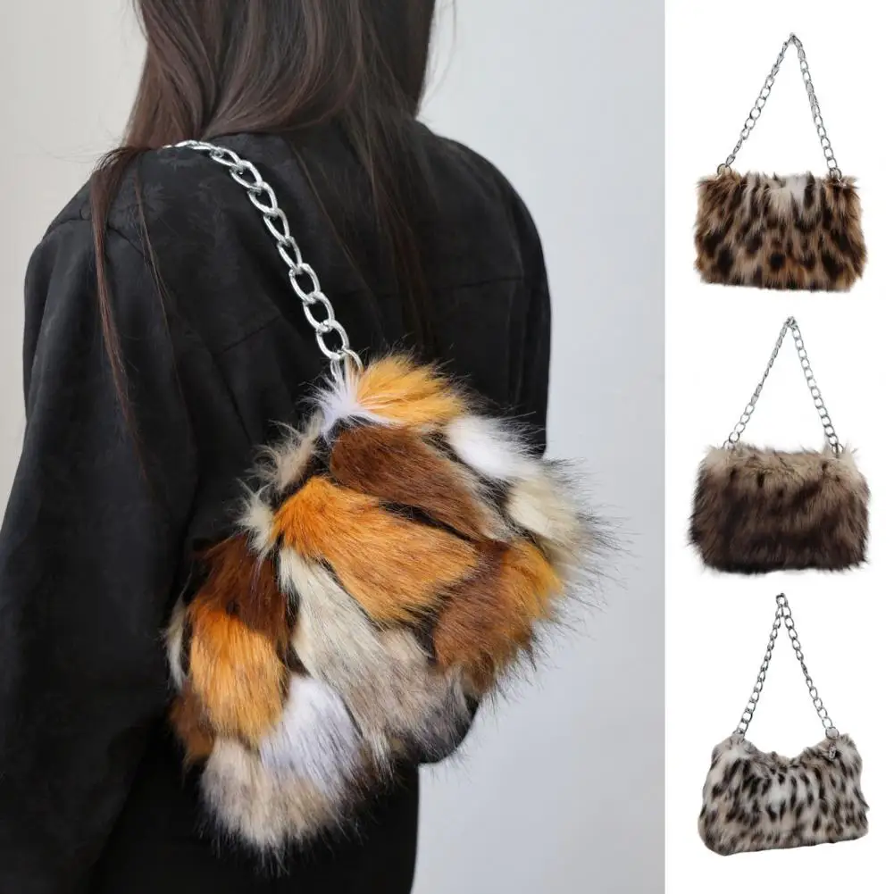 Leopard Print Fluffy Tote Ladies Faux Fur Shoulder Bag Furry Purse Fuzzy Handbag with Metal Chain Strap for Date Winter Daily Co