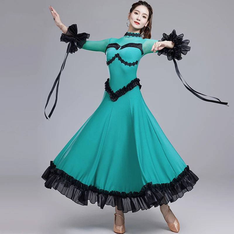 Modern Dance Latin Dance Dress Performance Dress Long Sleeve Dress Competition Practice Clothes Chacha Waltz Dance Dress DQL9588