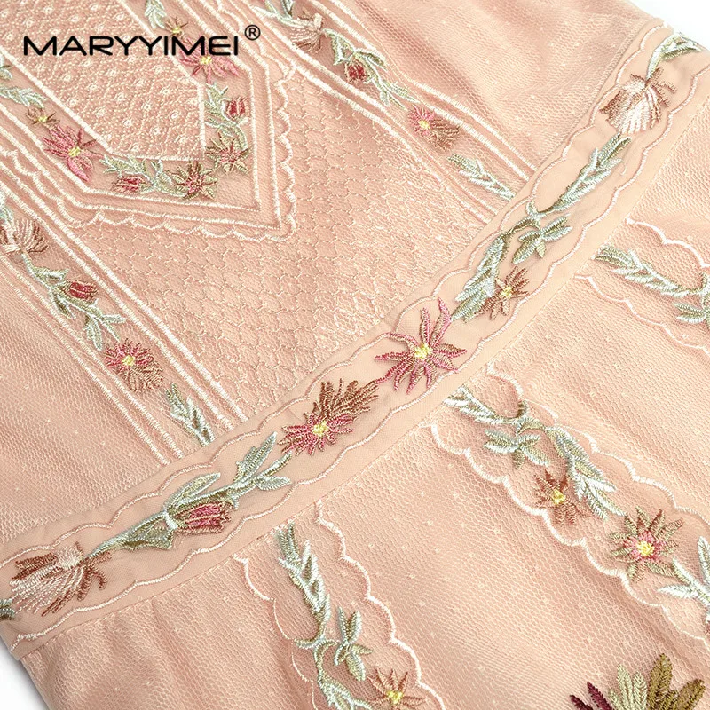 MARYYIMEI Fashion Designer dress Summer Women\'s Dress Short Sleeve Mesh Flowers Embroidery Vintage Elegant Dresses