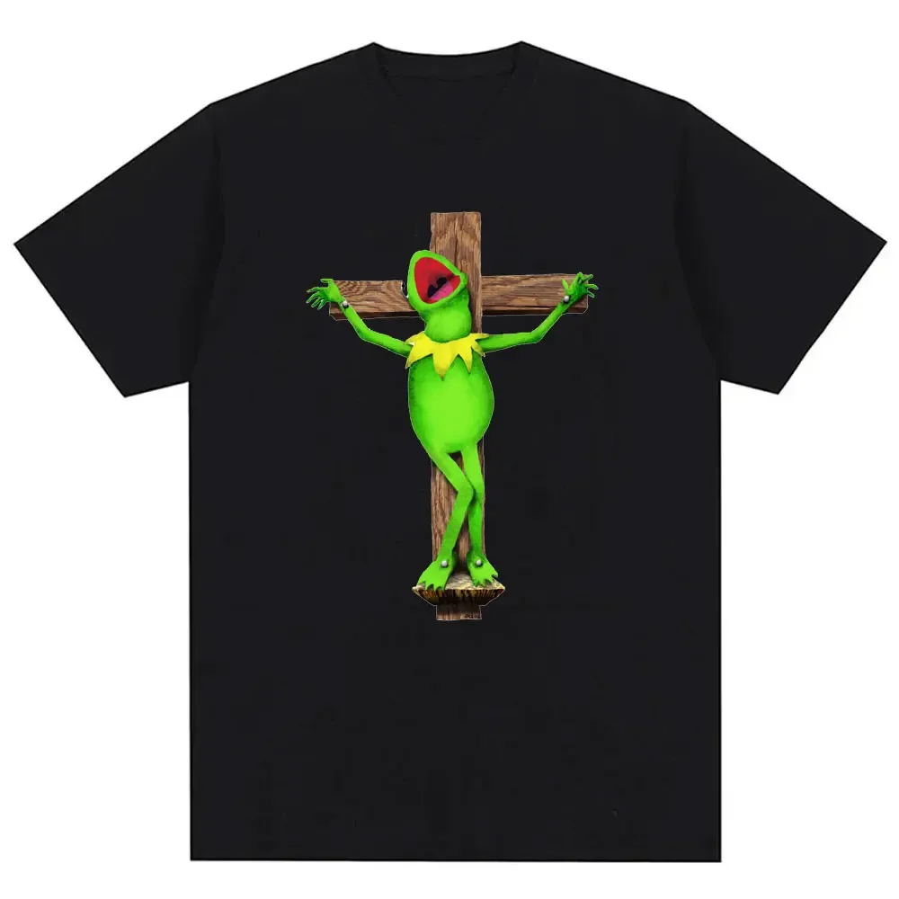 Funny Kermit Jesus Print Meme Birthday Sticker Graphic T Shirts Women Men Clothing Streetwear Interesting Tshirts Offensive Tee