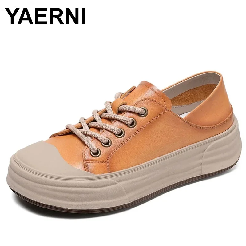 Genuine Leather Casual Flats Shoes Women Spring New Round Toe Lace-up Soft Bottom Leisure Vulcanize Shoes обувь женская
