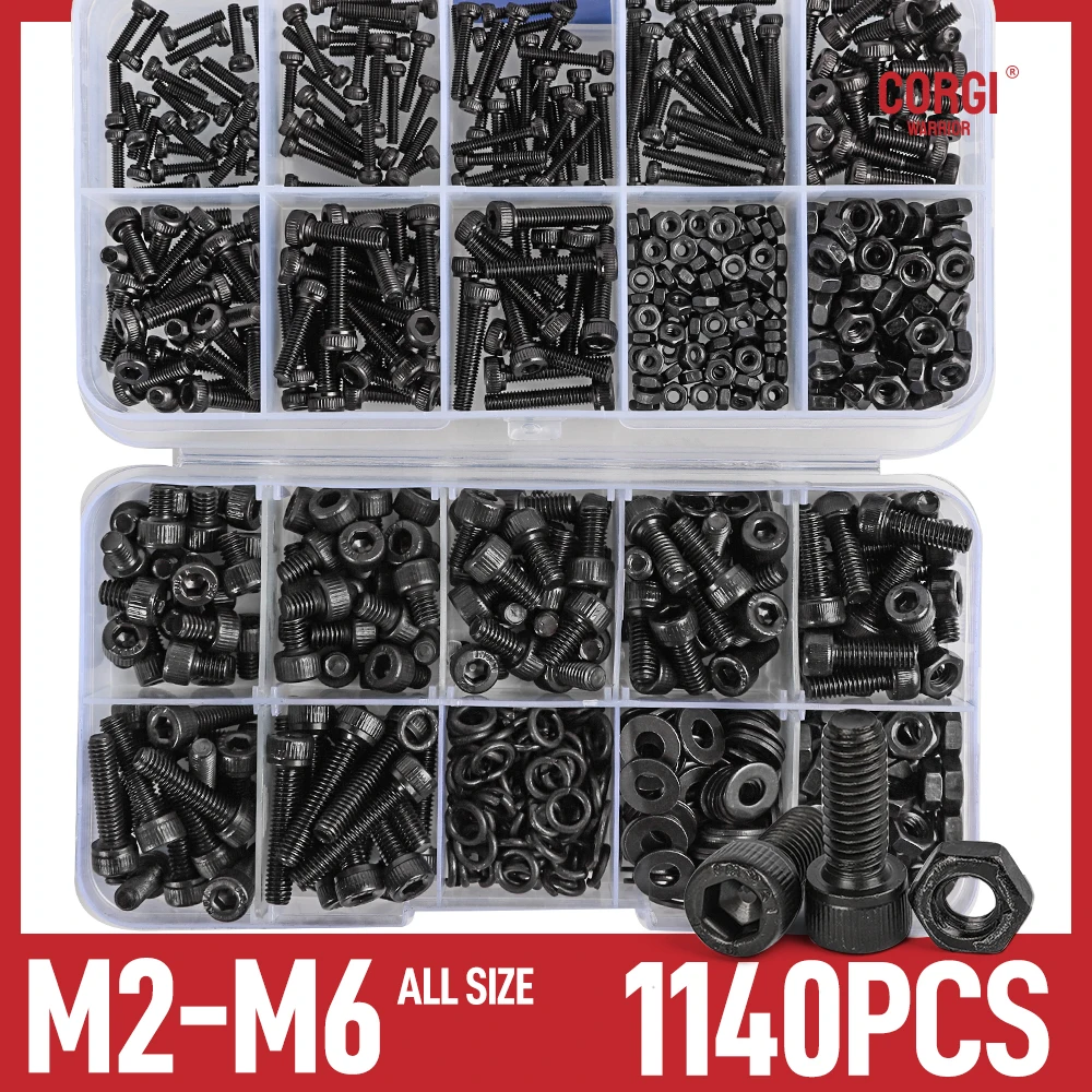 

1140 Black Steel Socket Head Hex Round Cap Screws Set M2 M3 M4 M5 M6 Grade 12.9 DIN912 Allen Bolts Nuts Assortment Kit Tool Box