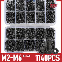 1140 Black Steel Socket Head Hex Round Cap Screws Set M2 M3 M4 M5 M6 Grade 12.9 DIN912 Allen Bolts Nuts Assortment Kit Tool Box