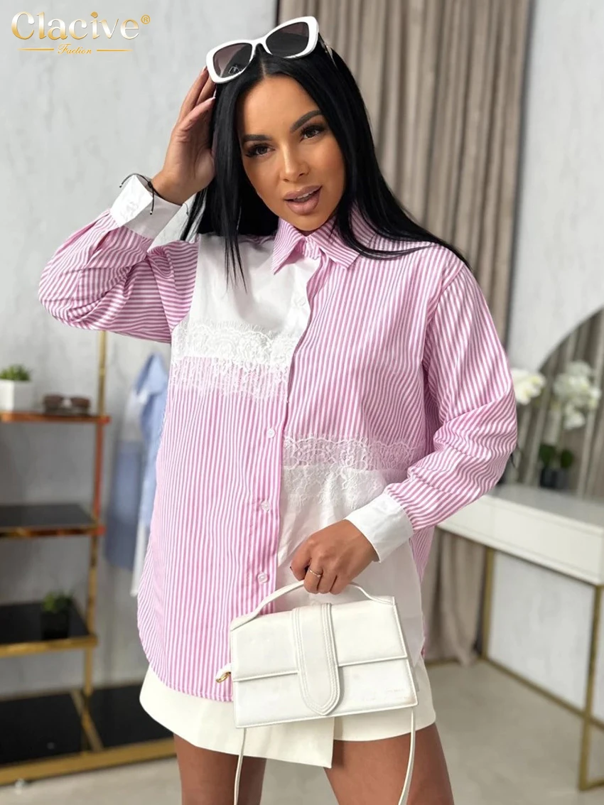 

Clacive Fashion Loose Pink Stripe Patchwork Women Blouse Spring Lapel Long Sleeve Shirt Lady Elegant Classic Top Female Clothing