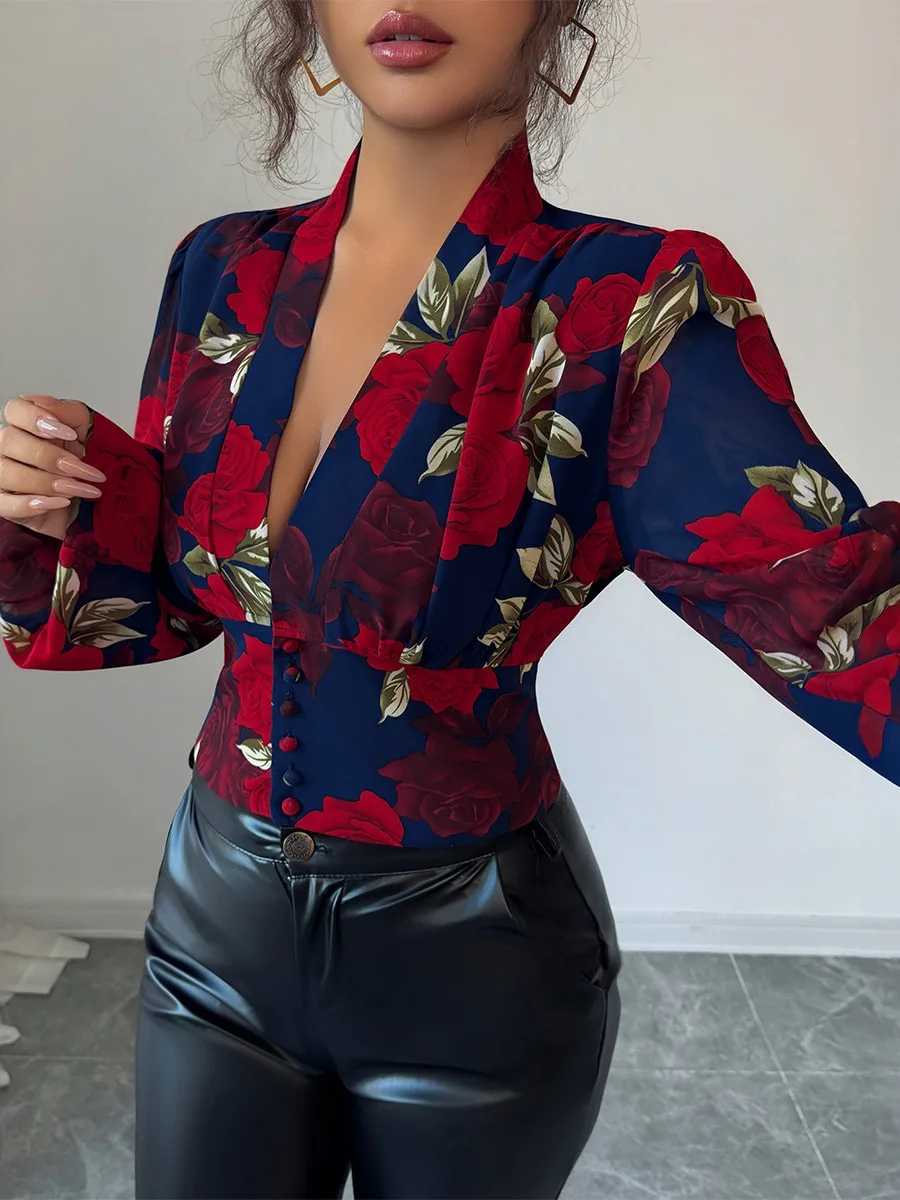 Ele Long Sve Mujer Cuello estampado irt Europeo Sle Bubble Sve Tela de poliéster Niña Otoño Faion irt