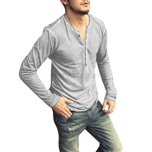 Maglietta medievale da uomo Maglietta a maniche lunghe con scollo a V Maglietta elegante con bottoni sottili Autunno Casual Solid Abbigliamento maschile Maxi Top