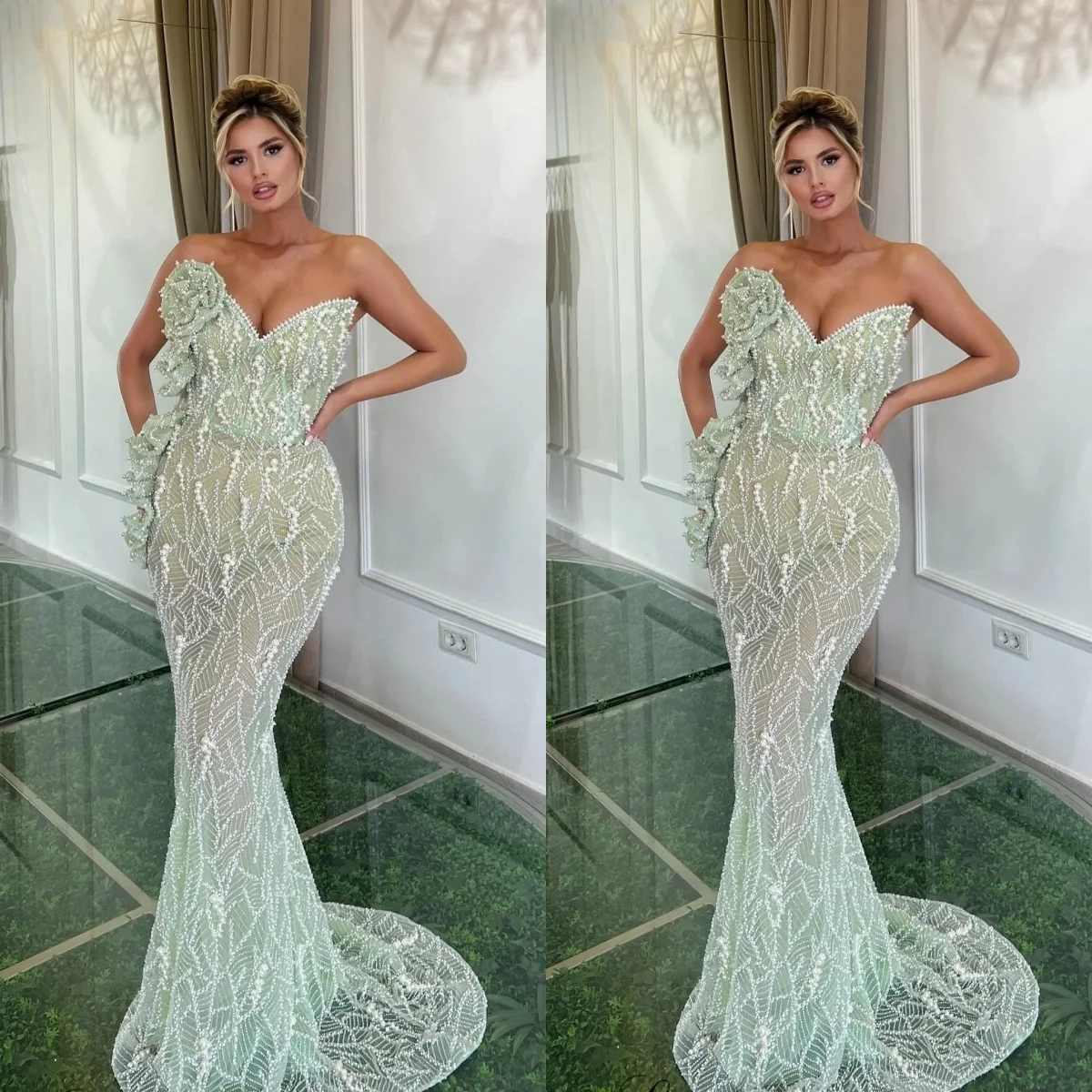 

Элегантные вечерние платья без бретелек с жемчугом, без рукавов, с блестками и аппликациями, платье русалки для выпускного вечера, вечернее платье длиной до пола по индивидуальному заказу