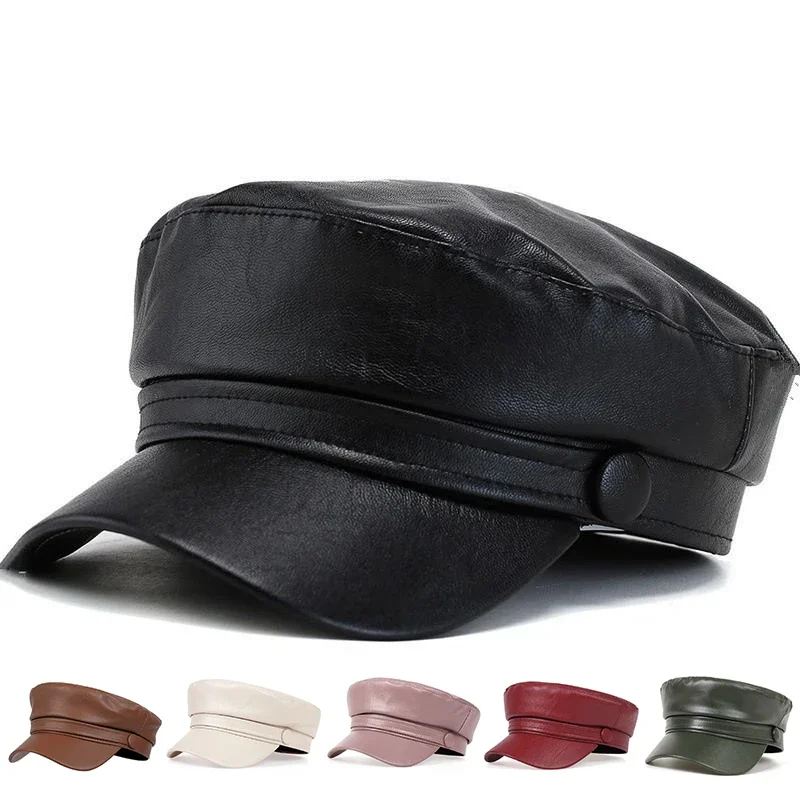 Boina de Moda Otoño Invierno para Mujer, Boina de Cuero PU, Sombreros de Pintor, Gorras Militares de Copa Plana para Ocio al Aire Libre, Boinas Casuales de Primavera