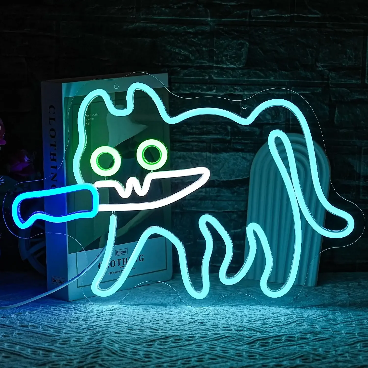 LED With A Knife Sneaky Cat Neon Sign Knife Neon Light Adorable LED Neon Sign Cat Cafe Cat House Store Restaurant Home Kitchen