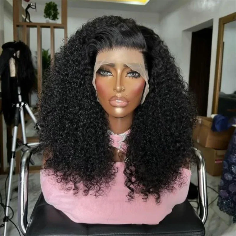 180 Плотность 26 дюймов Длинный Черный Кудрявый Вьющийся Парик Фронта Шнурка Натуральных Волос Для Чернокожих Женщин С Волосами Младенца Предварительно Сорванные Ежедневно