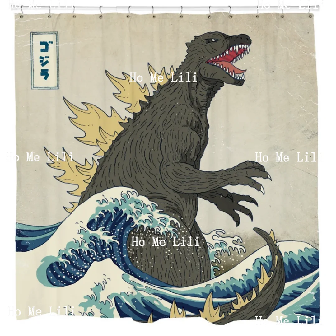 Cartoon Monster Dinosaur Shower Curtain Japanese Art Great Wave