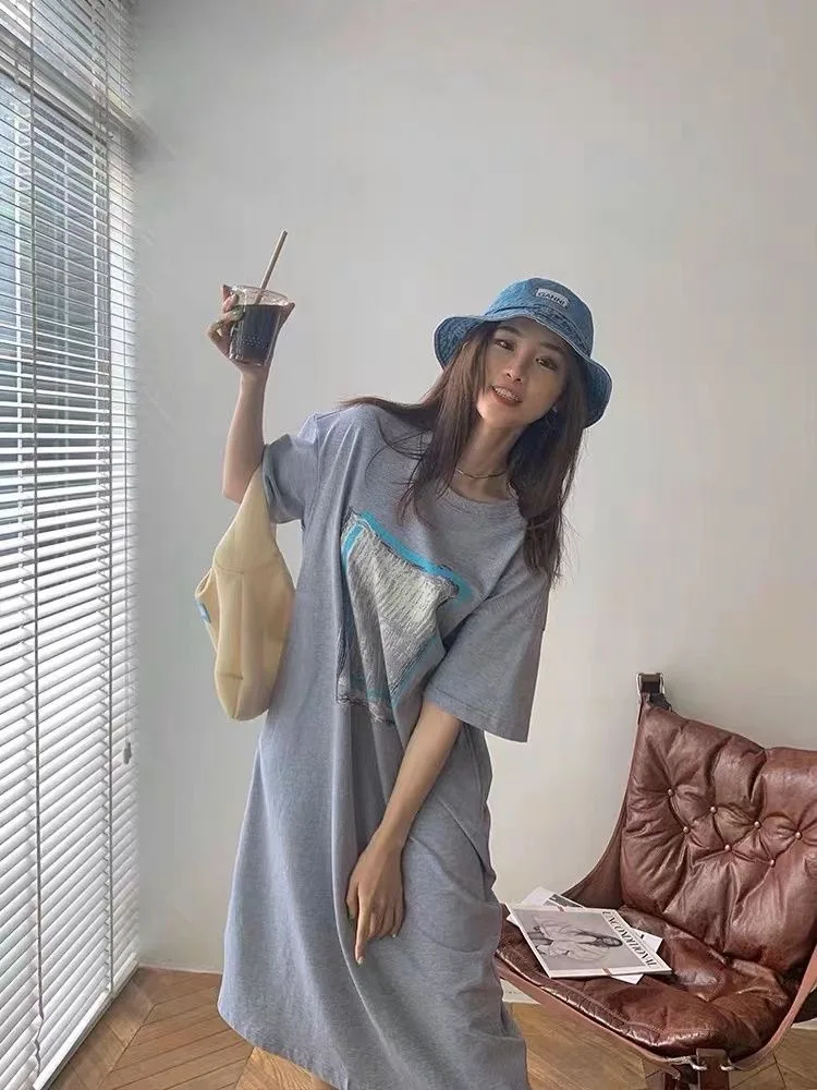 ฤดูร้อนสบายๆเกาหลีแฟชั่นการพิมพ์ Oversize หลวมยาว T เสื้อรอบคอแขนสั้นชุดผู้หญิง Vestido