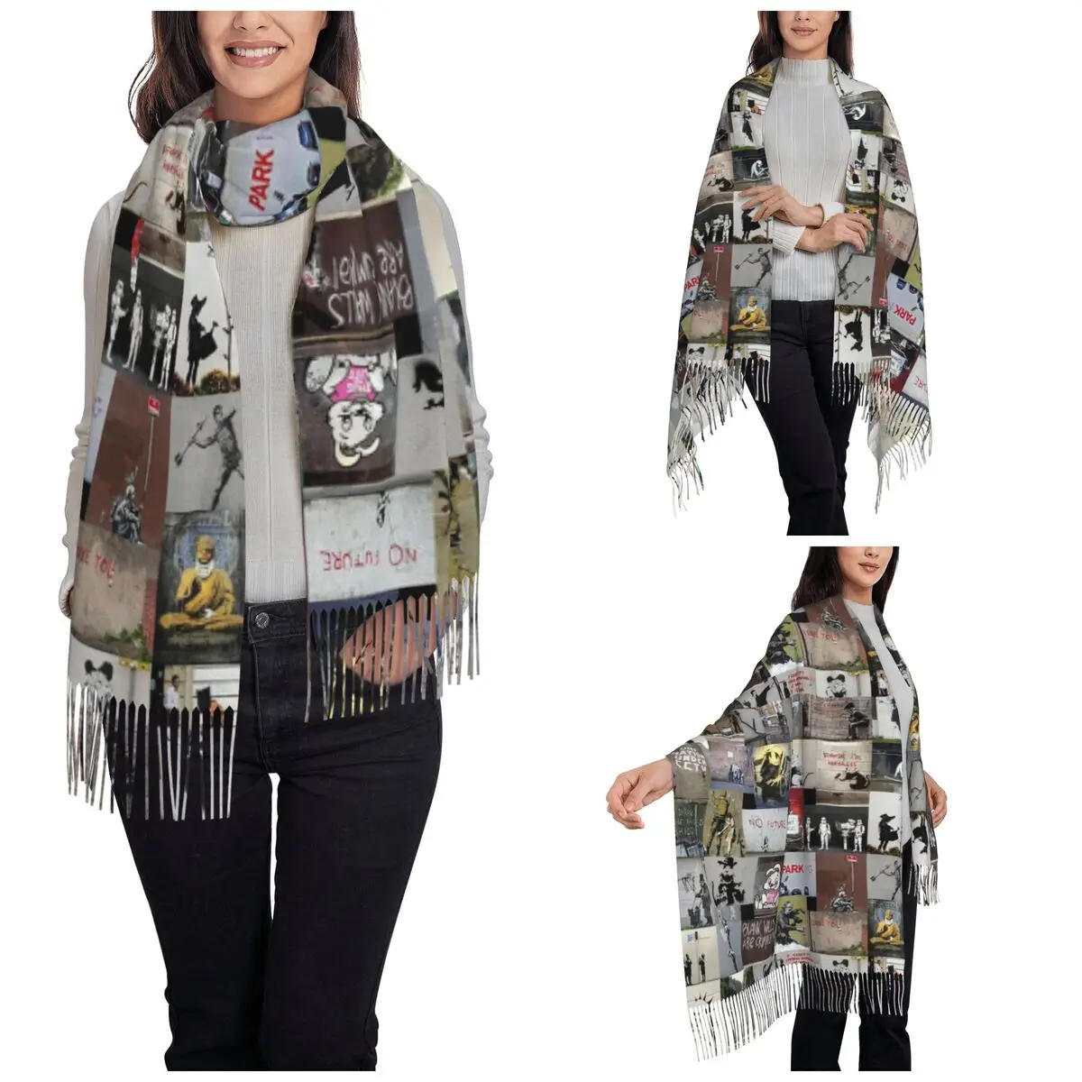 Womens Tassel Scarf Banksy England Street Art Graffiti Large Winter Fall Shawl Wrap Gifts Cashmere Scarf