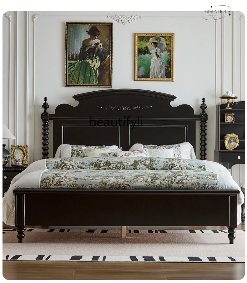 French Retro Solid Wood Black Master Bedroom Bed American High-End Elegant Light Luxury Double Bed Storage  Marriage Bed