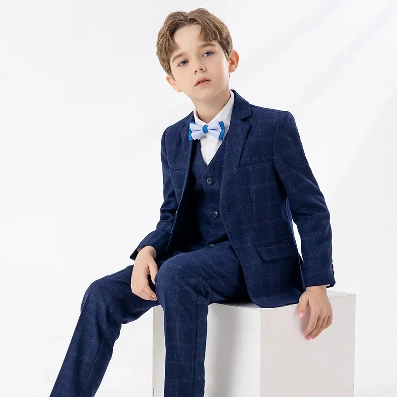 

Boys Blue Slim Fit Suits Formal Wear Children Groomsman Teenagers Performance Host Clothes Kids Plaid Students Party Full Dress