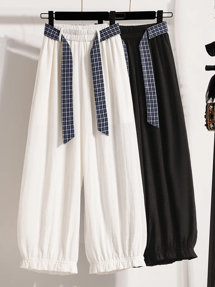 

Брюки с высокой талией и широкими штанинами, свободного кроя, летние, тонкие, повседневные, для женщин больших размеров, с удобной эластичной талией