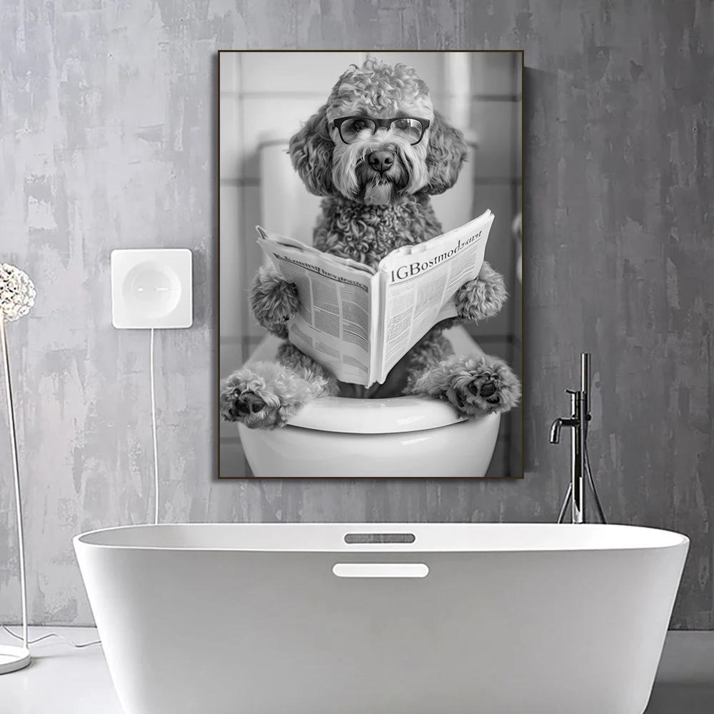 French Bulldog Sitting on Toilet Poster Corgi in Bathtub Canvas Painting Wall Art Black and White Print Bathroom Wall Decor