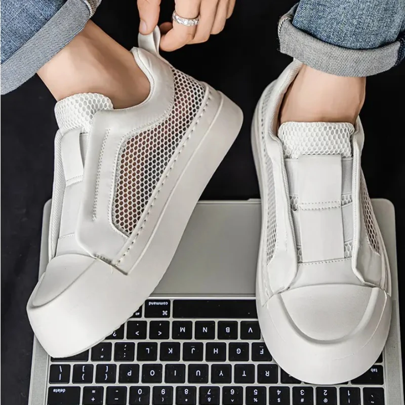 

Мужские туфли для доски с круглым носком на шнуровке, перфорированные, дышащие, с большой сеткой, однотонные, простые весенне-летние вулканизированные туфли