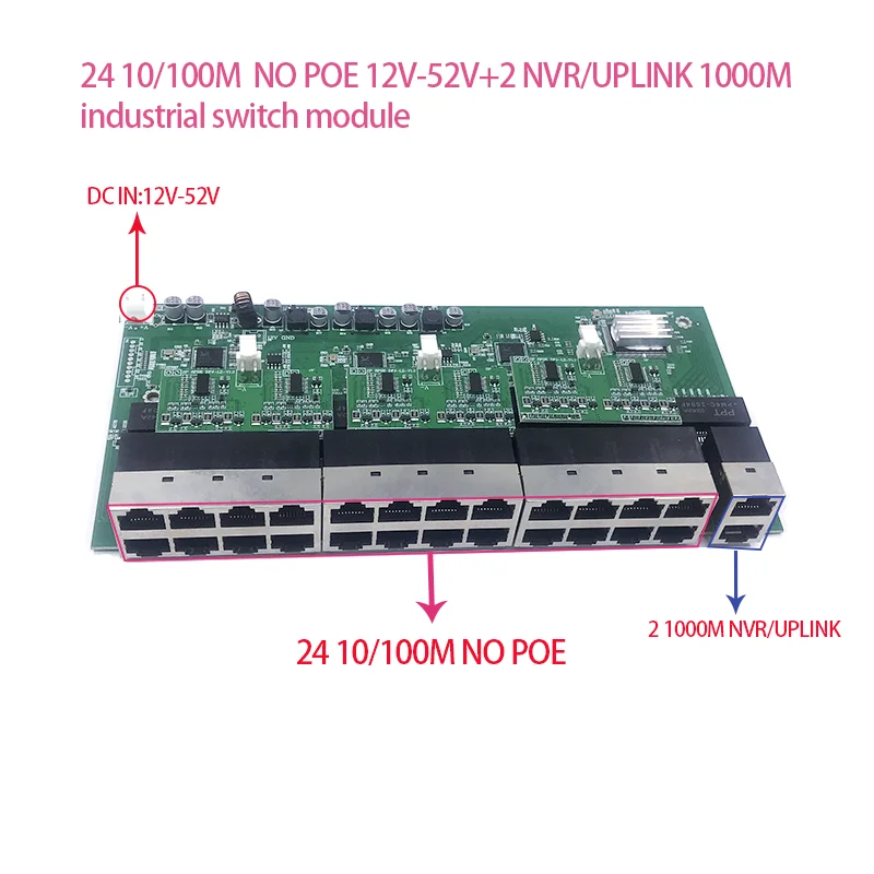 Unmanaged 24port 10/100M 12V-52V 24port 100M port with2 1000M NVR/UPLINK industrial  module PCBA board