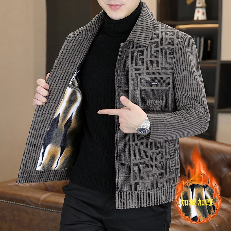 

Корейская жаккардовая шерстяная куртка для мужчин, зимняя мода, плотное и теплое повседневное деловое шерстяное пальто, уличное пальто в социальном стиле