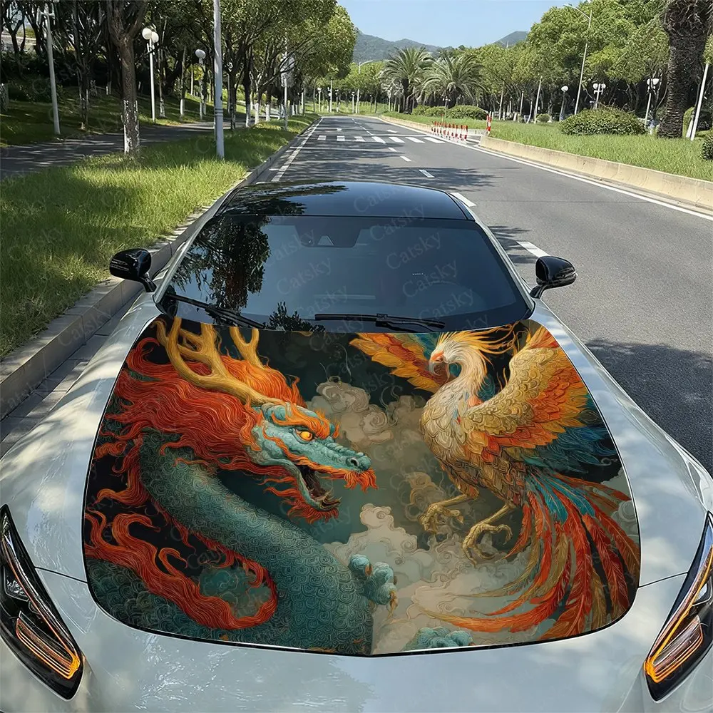 Dramatic Dragon And Phoenix Car Hood Sticker, Easy To Install And Remove, Independence Day Car Decoration, Suitable For A-class