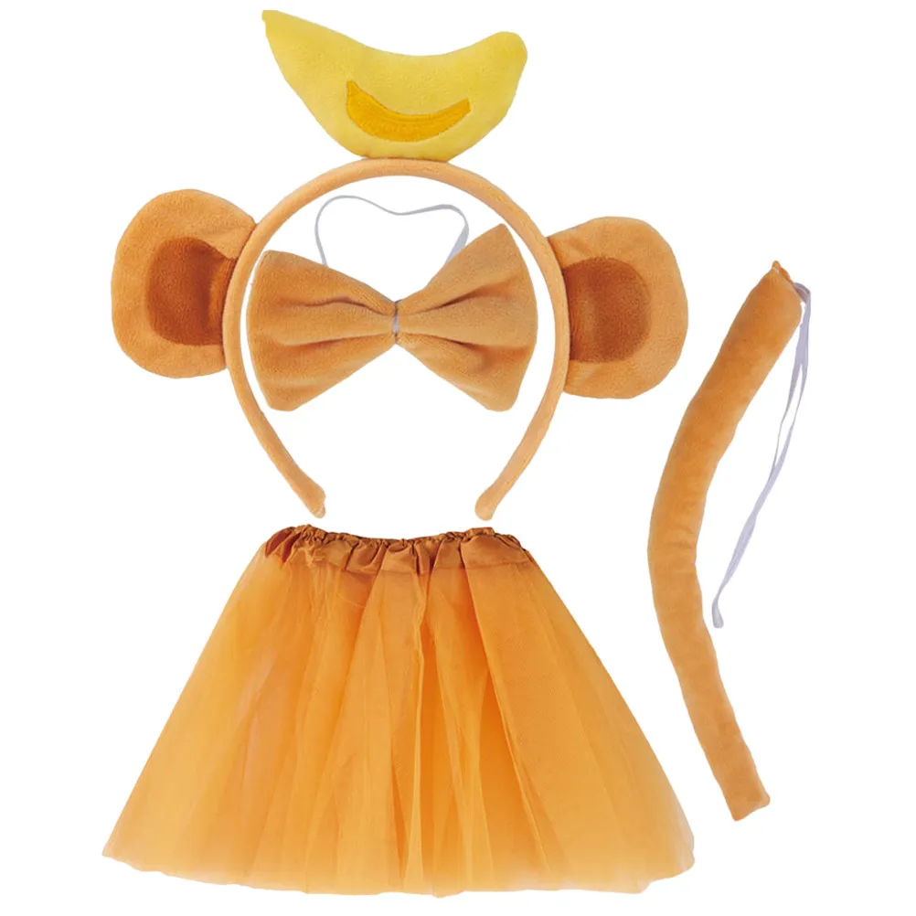 

1Set Monkey Ears Headband Banana Design Bowtie Tail Tutu Skirt Animal Costume Set for Halloween Party Cosplay Cute Headband