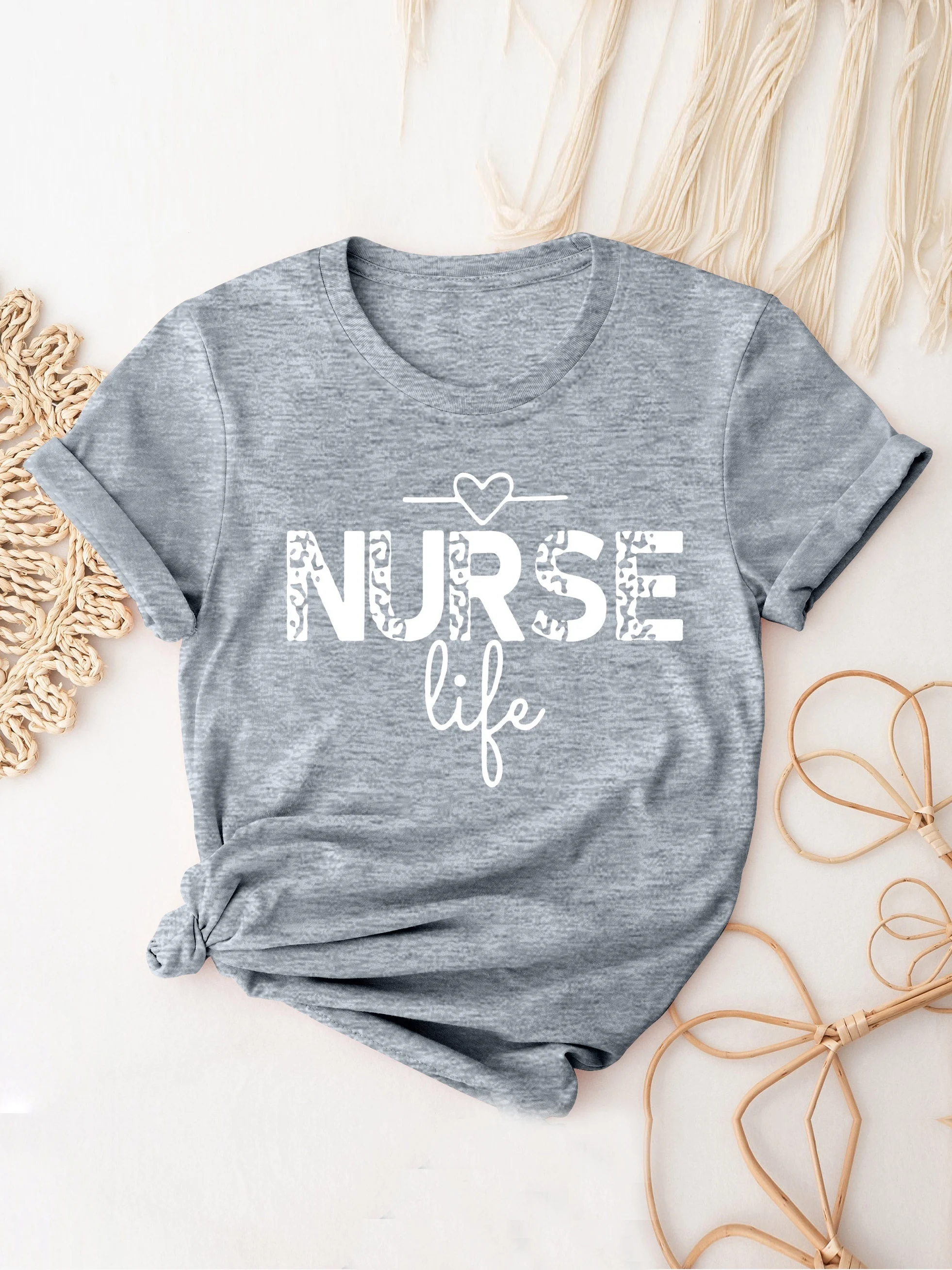 Nurse Life Print T-Shirt, Short Sleeve Crew Neck Casual Top For All Season, Women\'s Clothing casual basics O-collar T-shirt