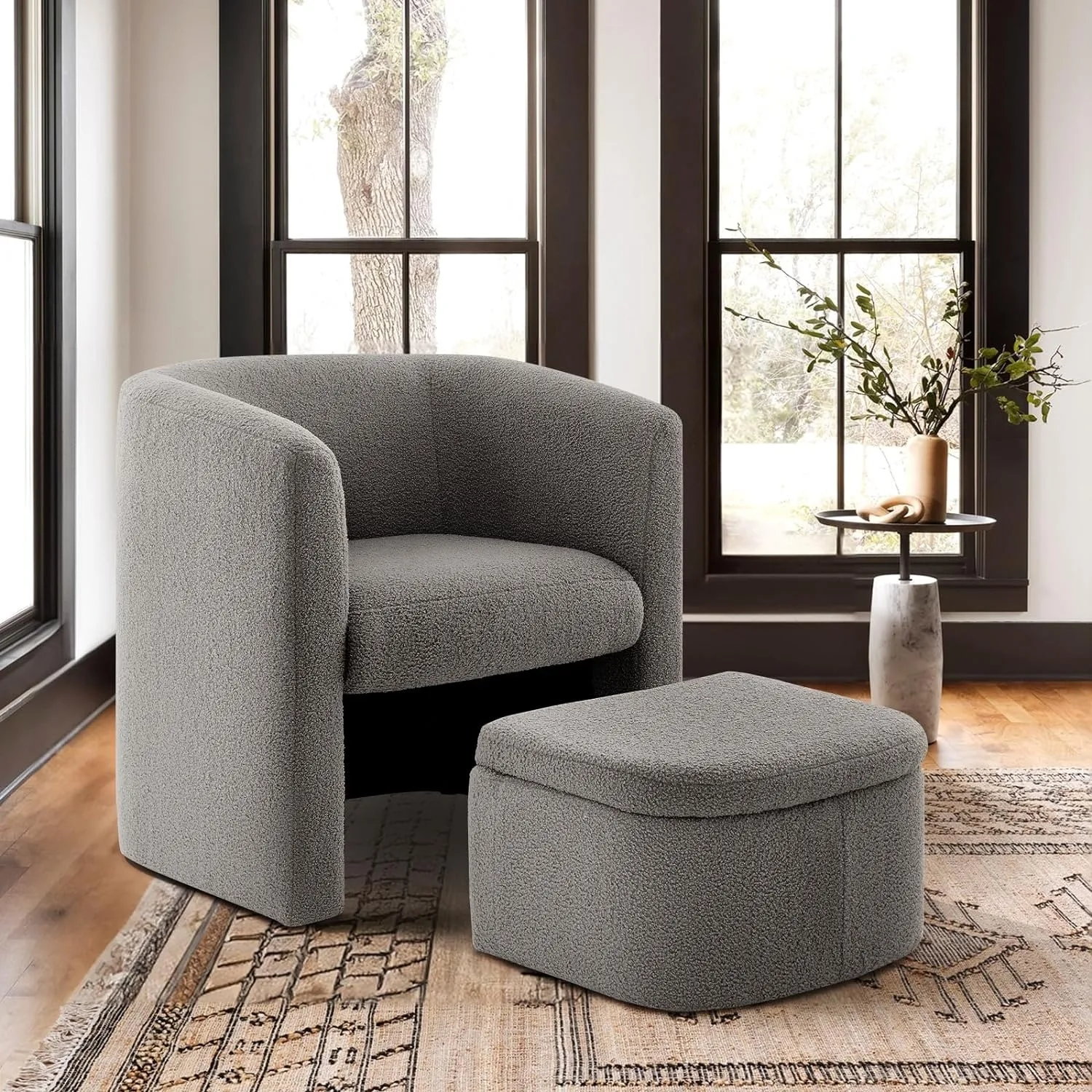 COLAMY Upholstered Sherpa Barrel Accent Chair with Storage Ottoman, Morden Living Room Side Chair, Single Sofa Armchair