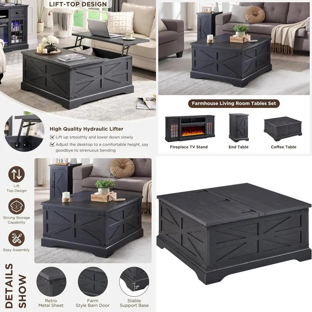 

Rustic 36 Square Coffee Table with Storage, Large Hidden Compartment, Black