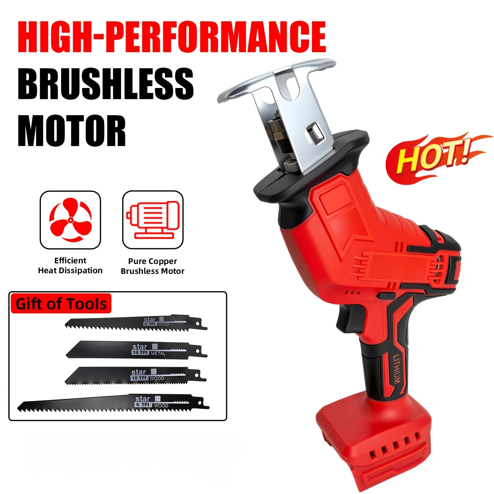 

[Reciprocating Saw] Battery-Operated Reciprocating Saw That Works with an 18V Slide-On Battery, Featuring Brushless Power, Variable Speed from 0 to 3500 SPM, And a Tool-Free Blade Replacement System. Comes with Four Blades Suitable for Cutting Wood, Metal