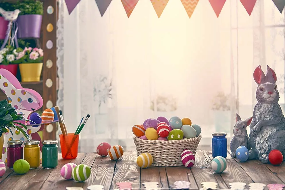 Happy Easter Poster Spring Color Eggs Backdrops Wood Boards Photographic Studio Banner Floral Decoration Bunny Backgrounds Props