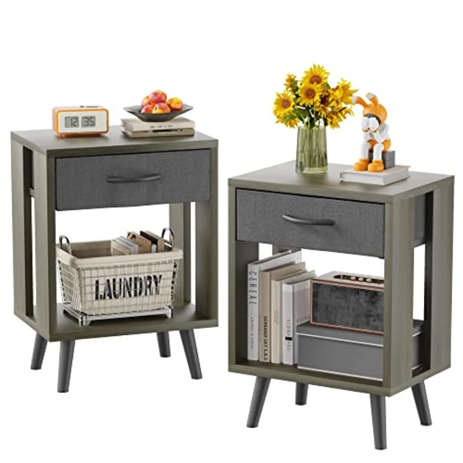 

Nightstands Set of 2 with Fabric Storage Drawer and Open Wood Shelf Side Table with Storage for Bedroom Bedside Tables - Gray 2