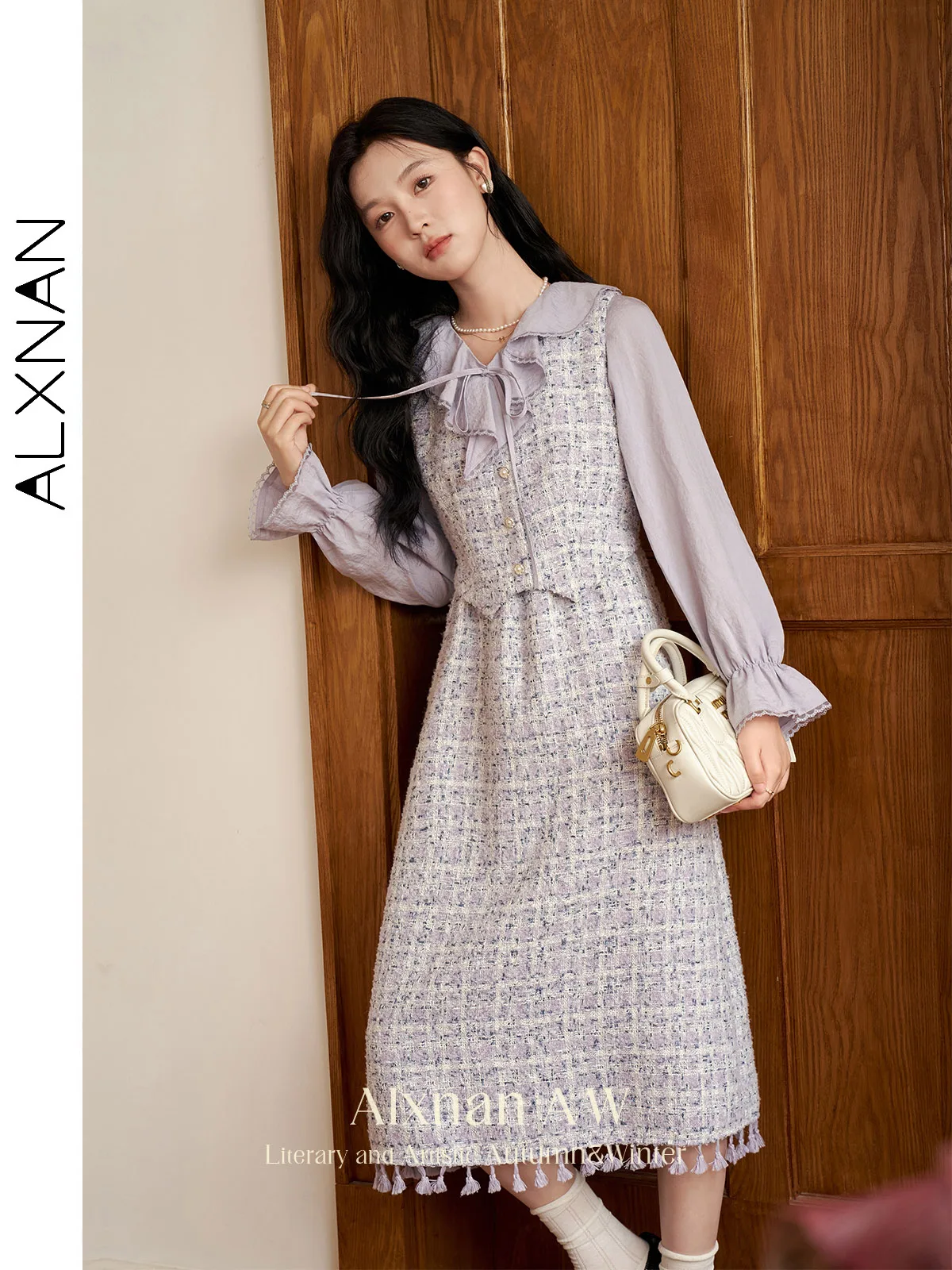 

ALXNAN Women 2 in 1 Tweed Dress 2024 Autumn Fall Elegant A-line V-neck Sleeveless New Woman Midi Dress Woman Clothes L39861