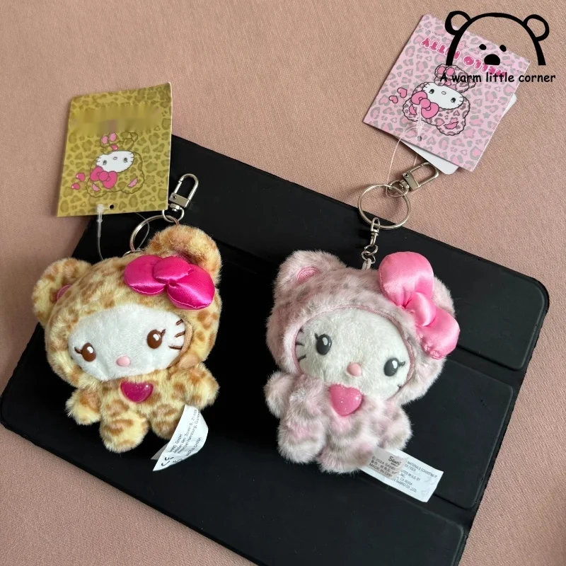 Simpatico caffè latte stampa leopardata Kt gatto peluche fiocco bambola ciondolo zaino carino peluche portachiavi ciondolo regalo di compleanno per ragazze