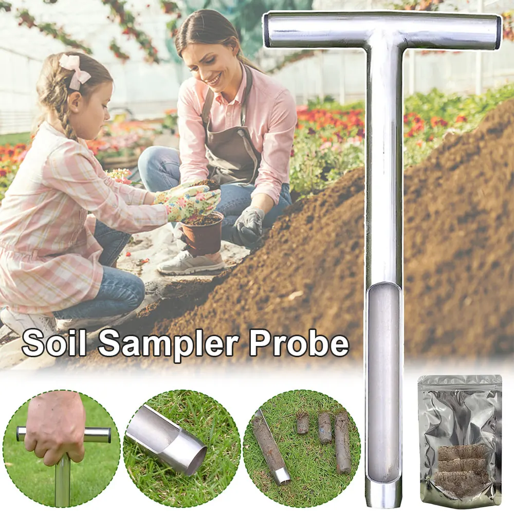 Soil Probe 12 Inch with 2 Bags Soil Sample Probe for Lawn House Plants T-Handle Soil Sampler Probe Rod Tool Set Stainless Steel