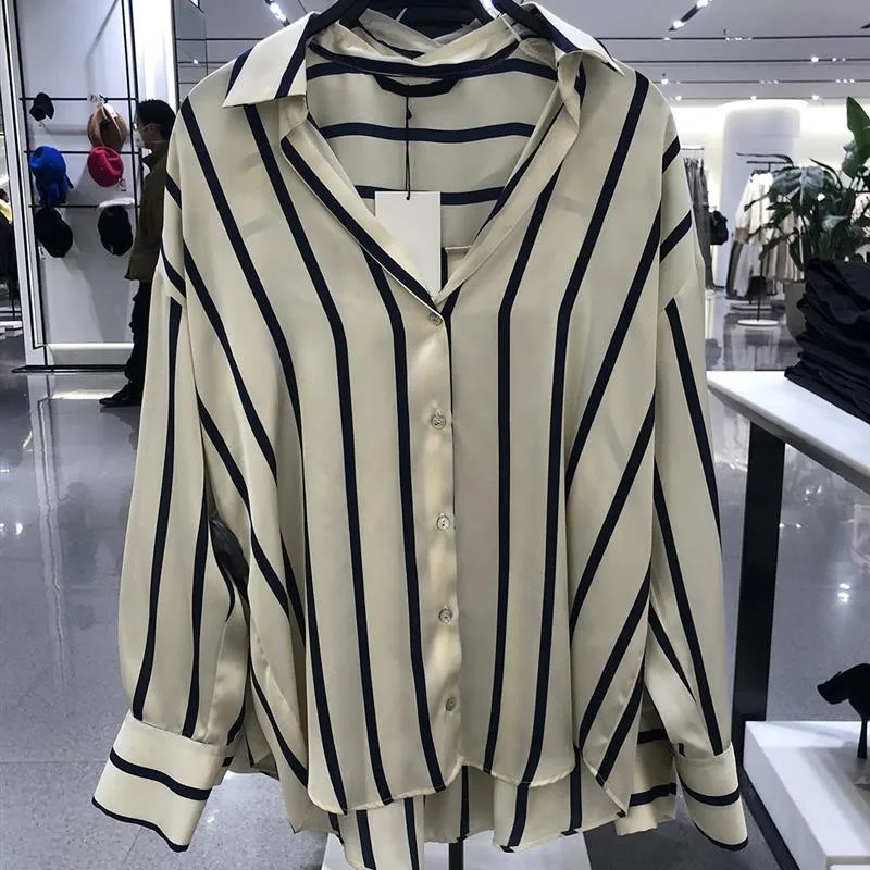 

Women's Loose Fit Silk Satin Drapey Striped irt Faionable Versatile Sle Long Sve Collar Regular Length irt